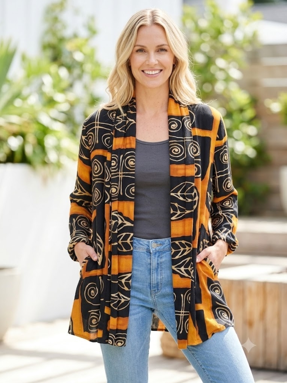 Batik Abstract Print Duster Blazer Vintage Boho Open Front Kimono Jacket
